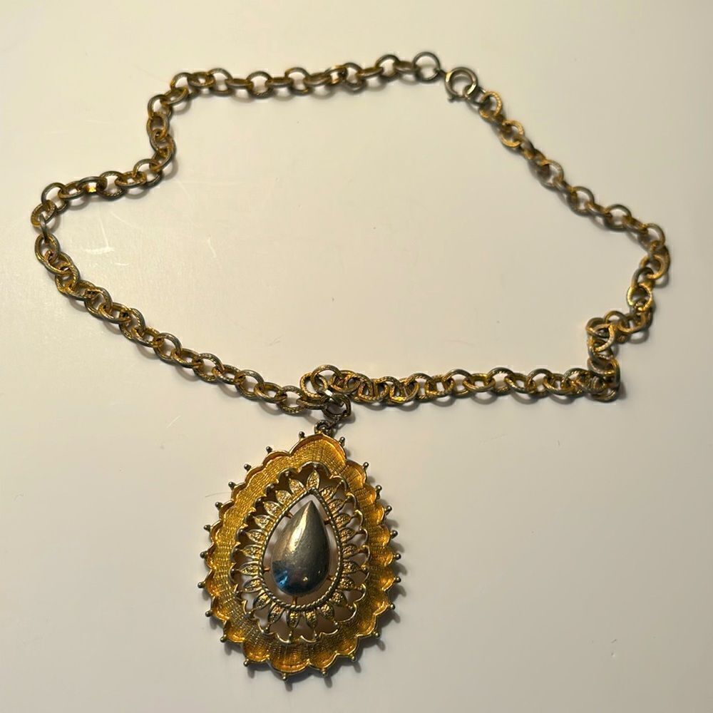 Vintage Ornate Teardrop Shape Pendant on Chain 18”